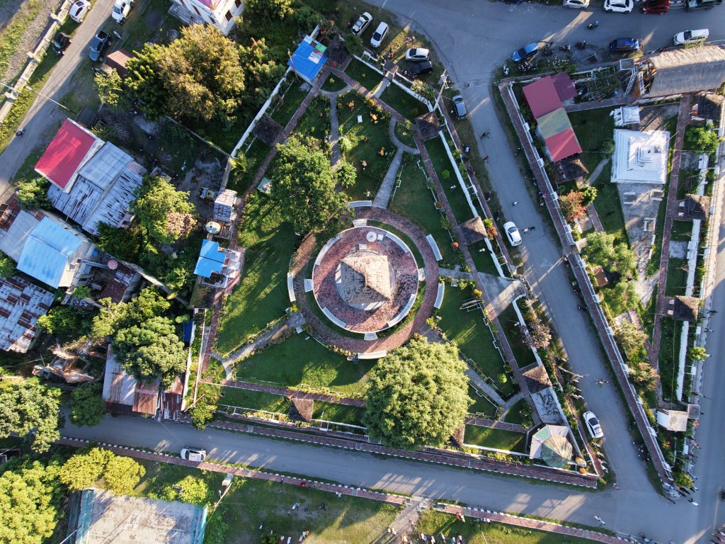 A stunning aerial shot capturing the geometric layout of the Governor's Palace in Dili, Timor-Leste.