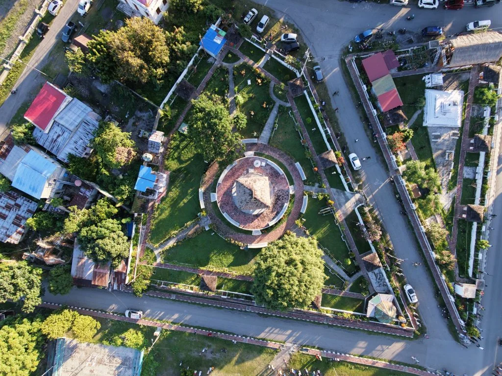 A stunning aerial shot capturing the geometric layout of the Governor's Palace in Dili, Timor-Leste.